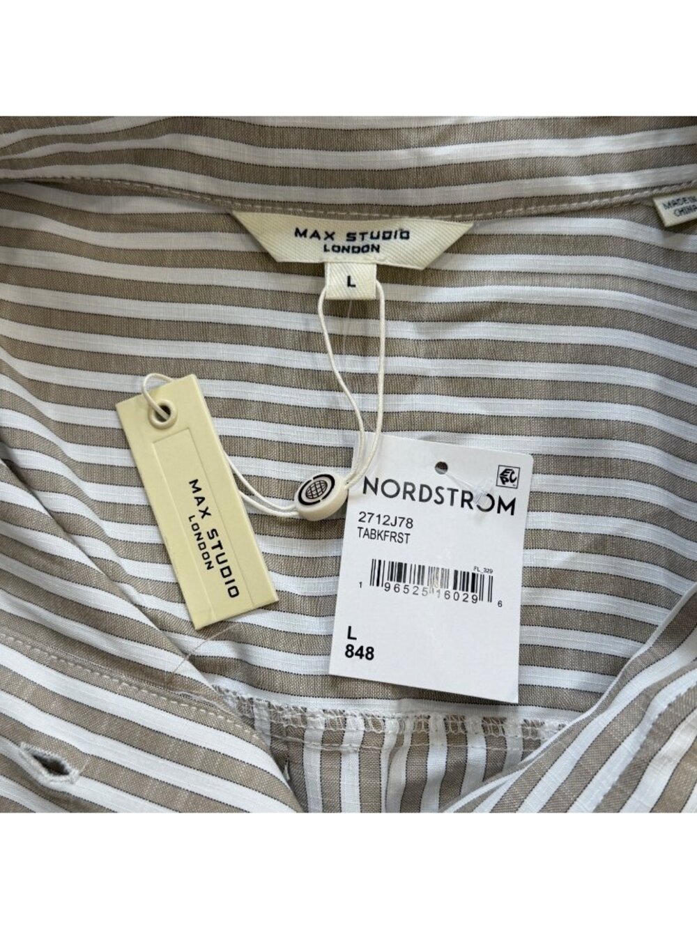 Max Studio London Women Size L Tunic Top Roll-Tab Sleeve Beige Striped Shirt NEW - Picture 4 of 8